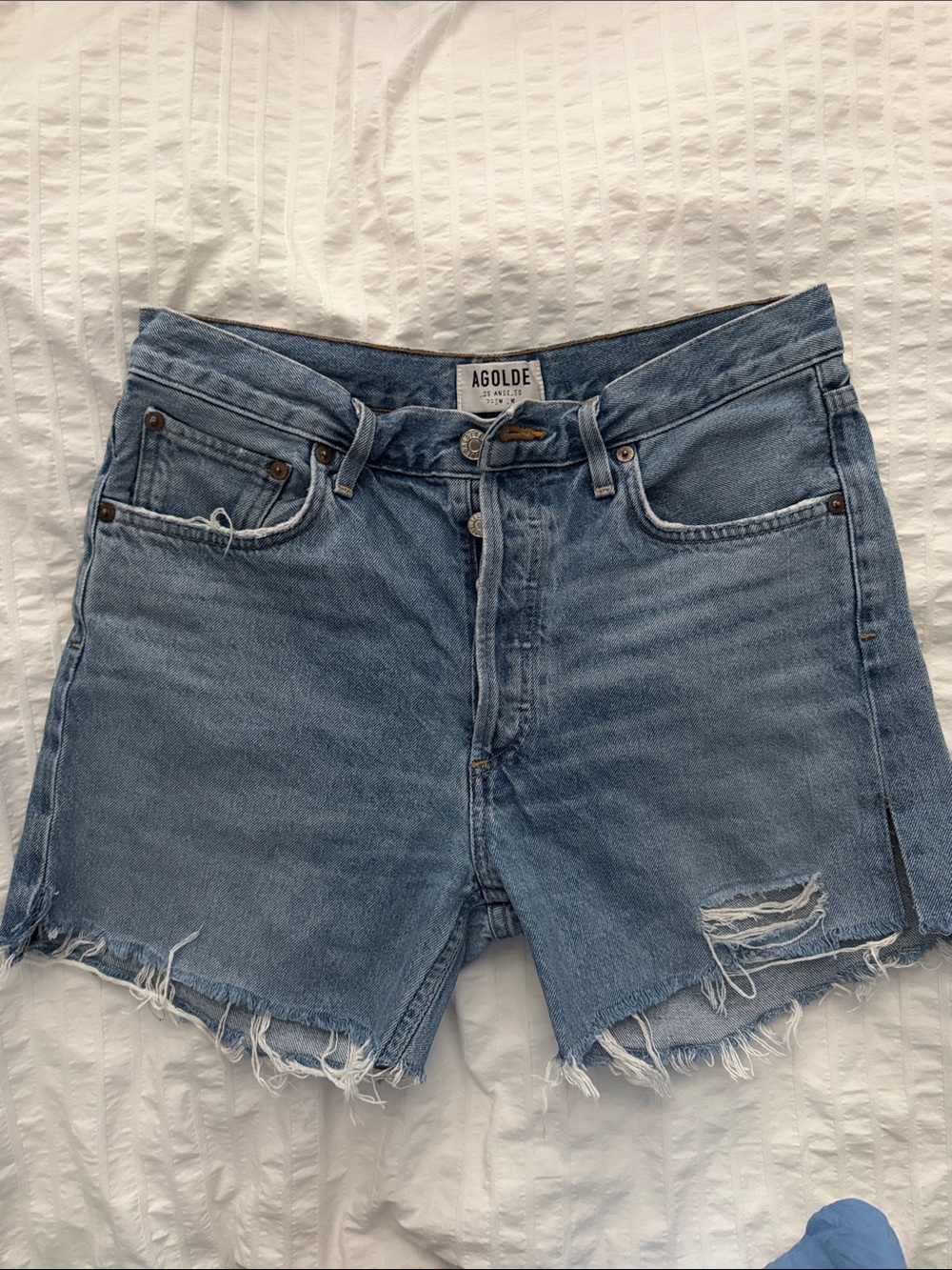 Agolde Light Blue Distressed High-Rise Denim Shorts
